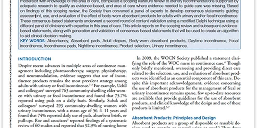 Journal article page on WOCN Society Consensus Conference about body-worn absorbent products for incontinence.