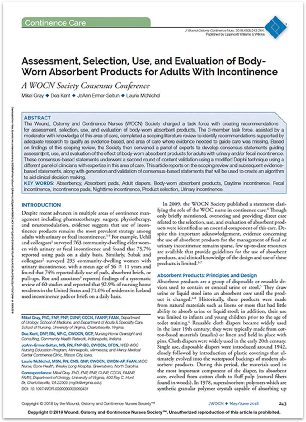Journal article page on WOCN Society Consensus Conference about body-worn absorbent products for incontinence.