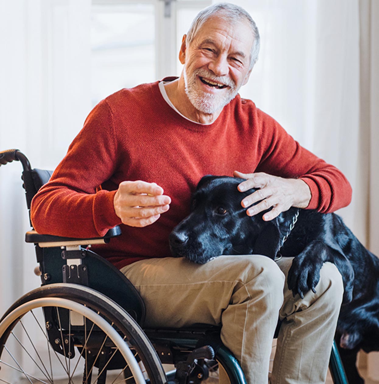 Elderly gentleman in wheelchair with a dog