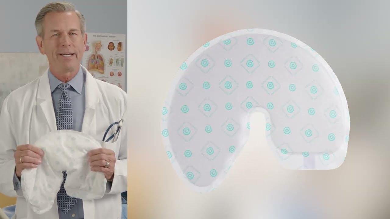 A split-screen image showing a doctor in a white lab coat holding a QuickChange wrap on the left, and a close-up of a Quickchange wrap with light blue geometric patterns on the right.