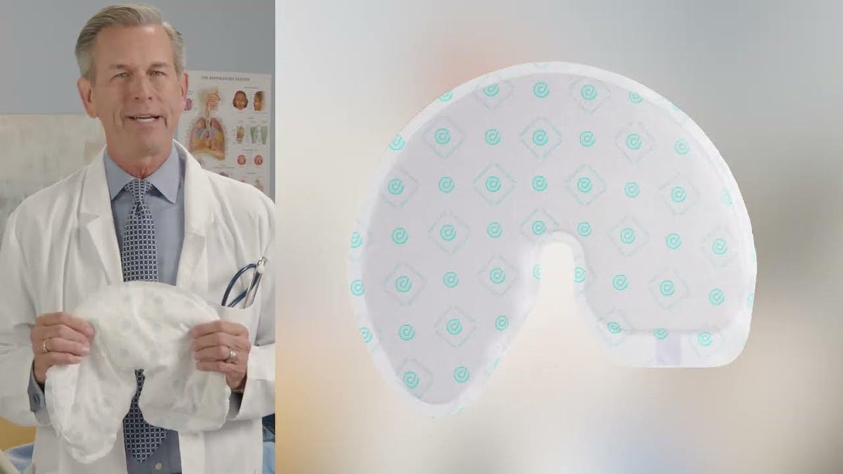 A split-screen image showing a doctor in a white lab coat holding a QuickChange wrap on the left, and a close-up of a QuickChange wrap with light blue geometric patterns on the right.